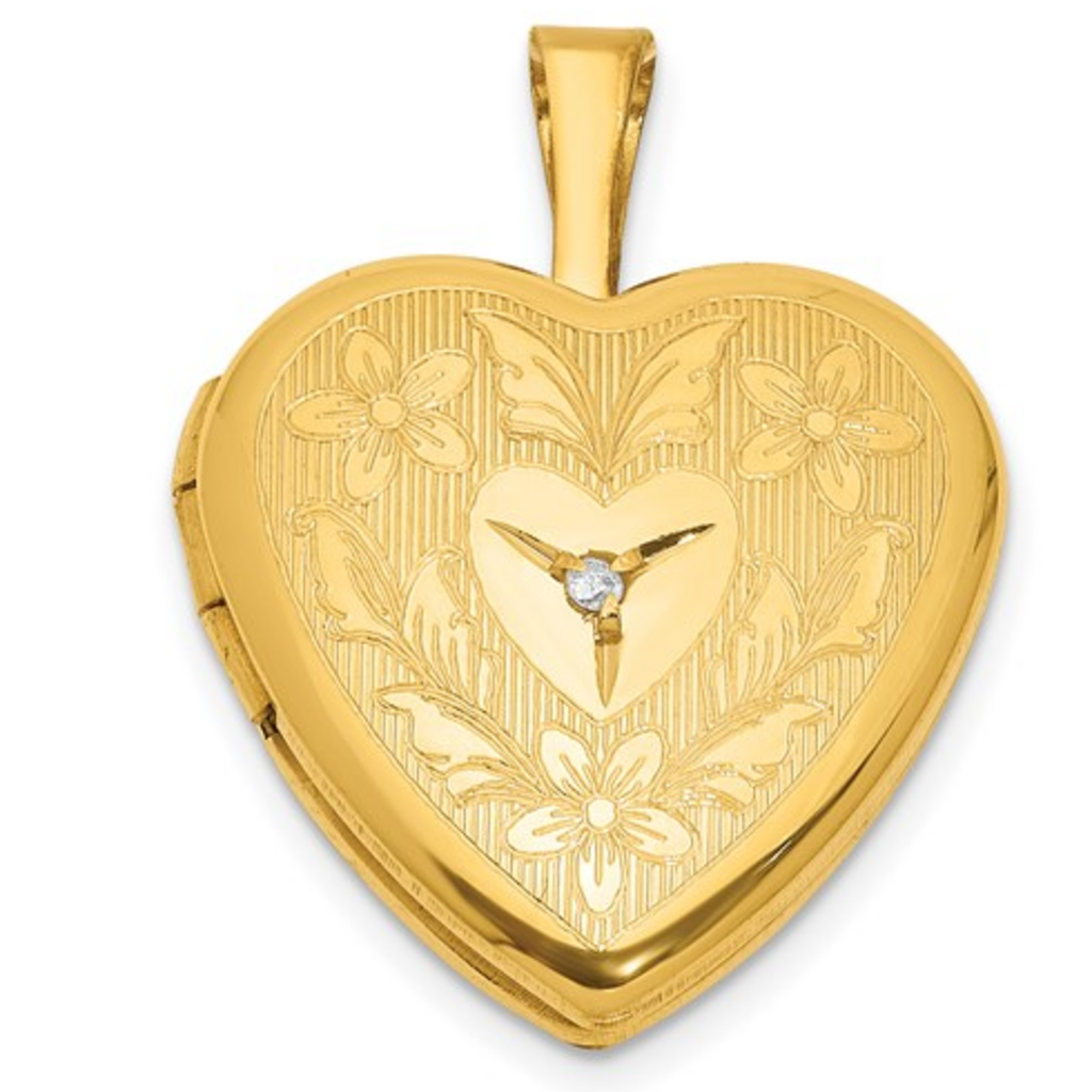 14k Yellow Gold-Filled 16mm Textured Diamond Floral Heart Locket on 1.25mm Rope Chain