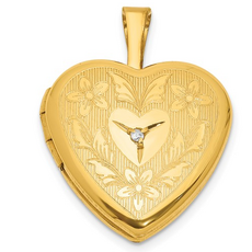 14k Yellow Gold-Filled 16mm Textured Diamond Floral Heart Locket on 1.25mm Rope Chain