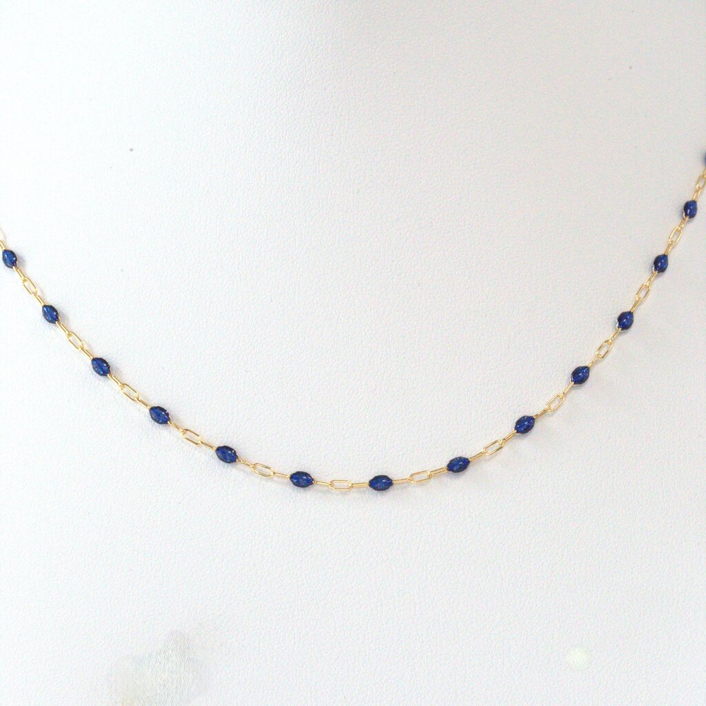 American Jewelry 14k Yellow Gold-Filled 1.6mm Blue Enamel Bead Paperclip Chain Necklace (18")