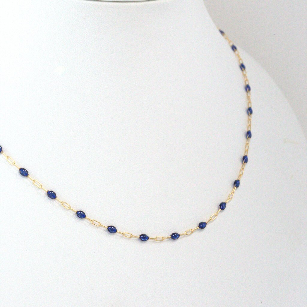 American Jewelry 14k Yellow Gold-Filled 1.6mm Blue Enamel Bead Paperclip Chain Necklace (18")
