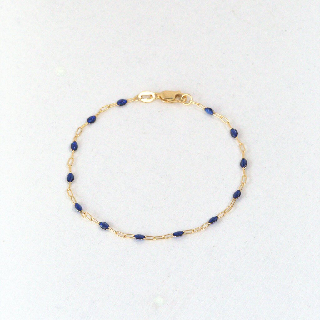 American Jewelry 14k Yellow Gold-Filled 1.6mm Blue Enamel Bead Paperclip Chain Bracelet (7")