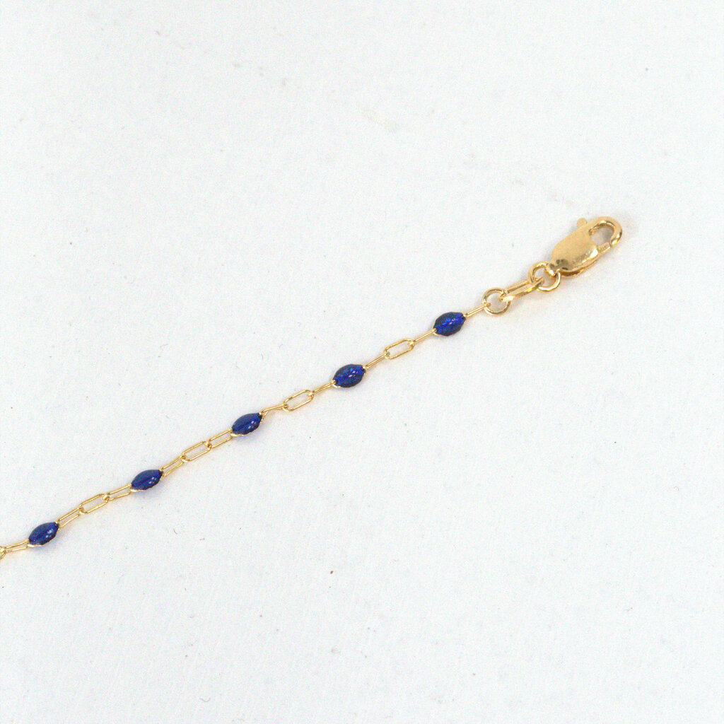 American Jewelry 14k Yellow Gold-Filled 1.6mm Blue Enamel Bead Paperclip Chain Bracelet (7")