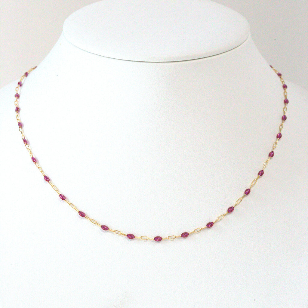 American Jewelry 14k Yellow Gold-Filled 1.6mm Pink Enamel Bead Paperclip Chain Necklace (18")