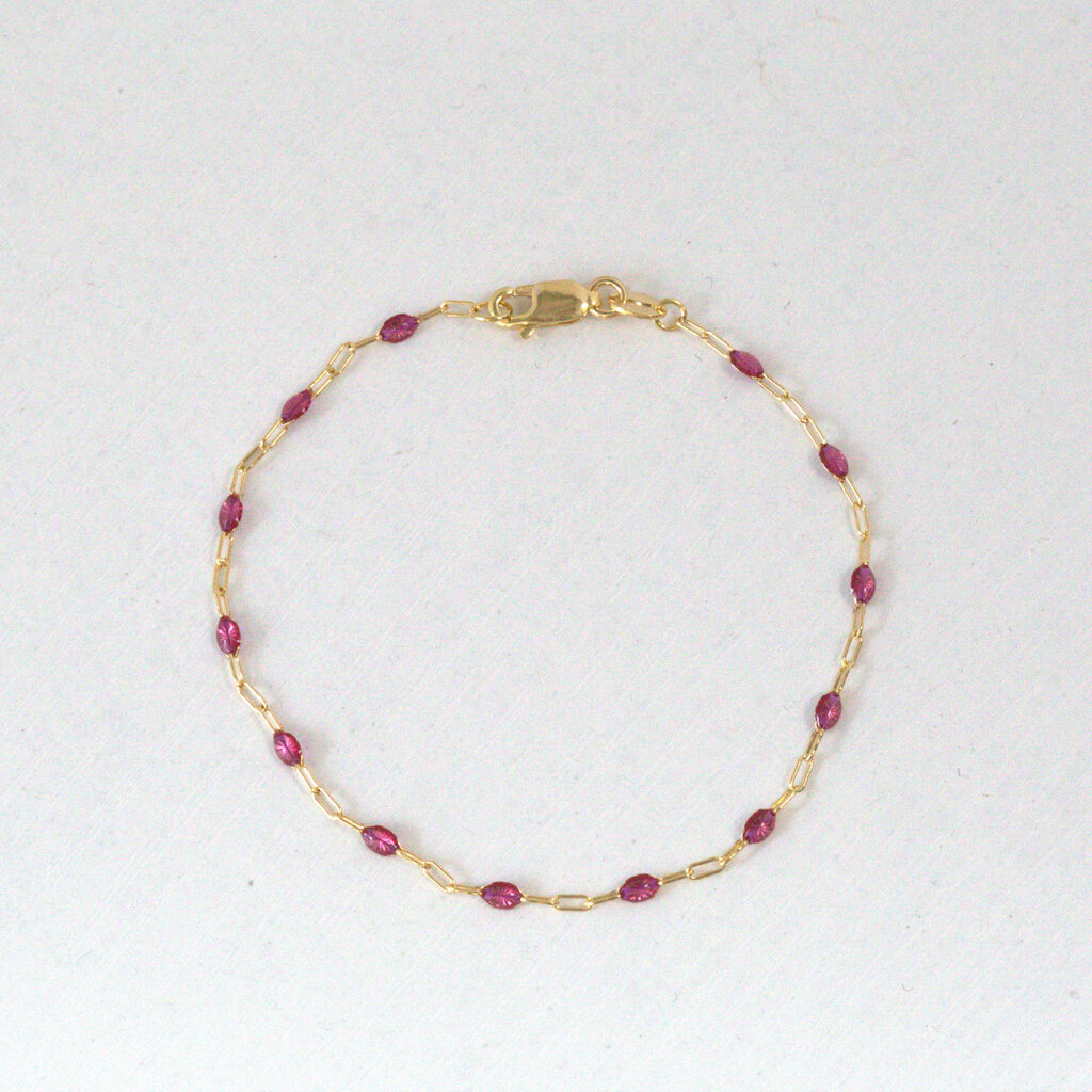 American Jewelry 14k Yellow Gold-Filled 1.6mm Pink Enamel Bead Paperclip Chain Bracelet (7")