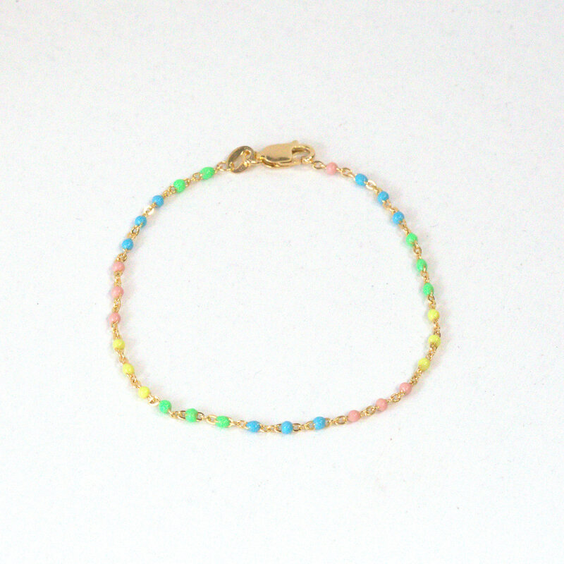 American Jewelry 14k Yellow Gold-Filled 1.7mm Multicolor Enamel Bead Cable Chain Bracelet (7")