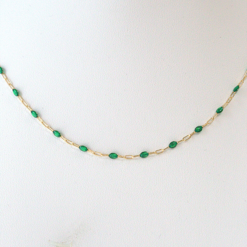 American Jewelry 14k Yellow Gold-Filled 1.6mm Green Enamel Bead Paperclip Chain Necklace (18")