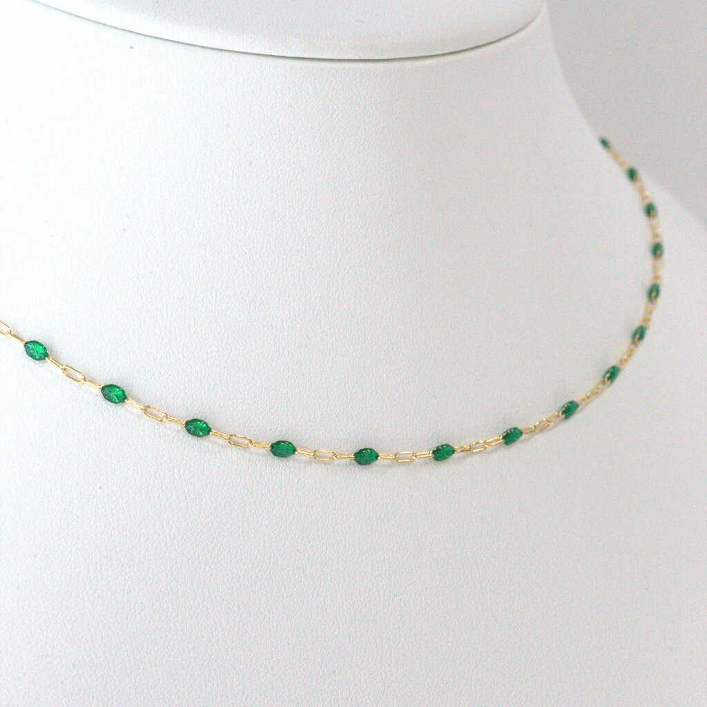 American Jewelry 14k Yellow Gold-Filled 1.6mm Green Enamel Bead Paperclip Chain Necklace (18")