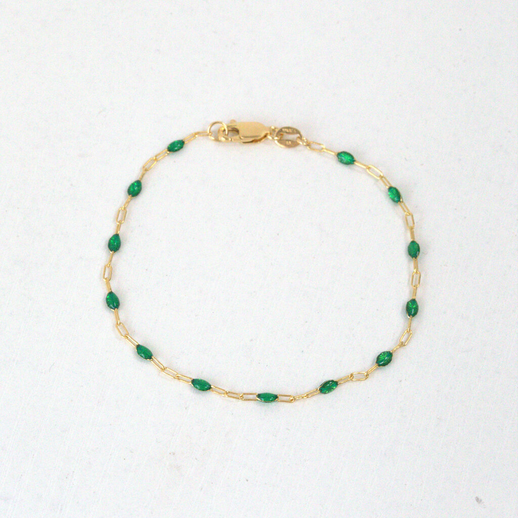 American Jewelry 14k Yellow Gold-Filled 1.6mm Green Enamel Bead Paperclip Chain Bracelet (7")