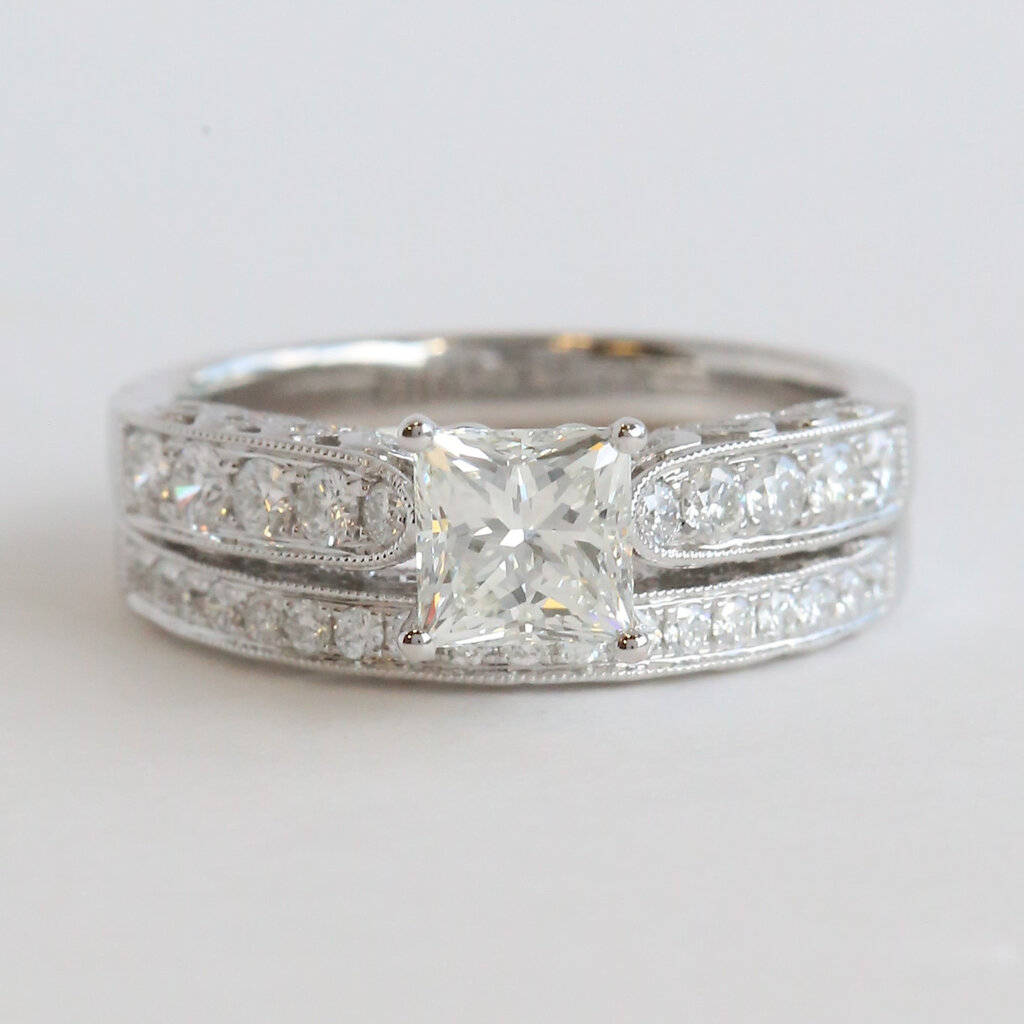 American Jewelry 14k White Gold 1.85ctw (1.02 I/SI1 GIA Ctr) Princess Diamond Milgrain Wedding Set (.53 mtg / .30 band)