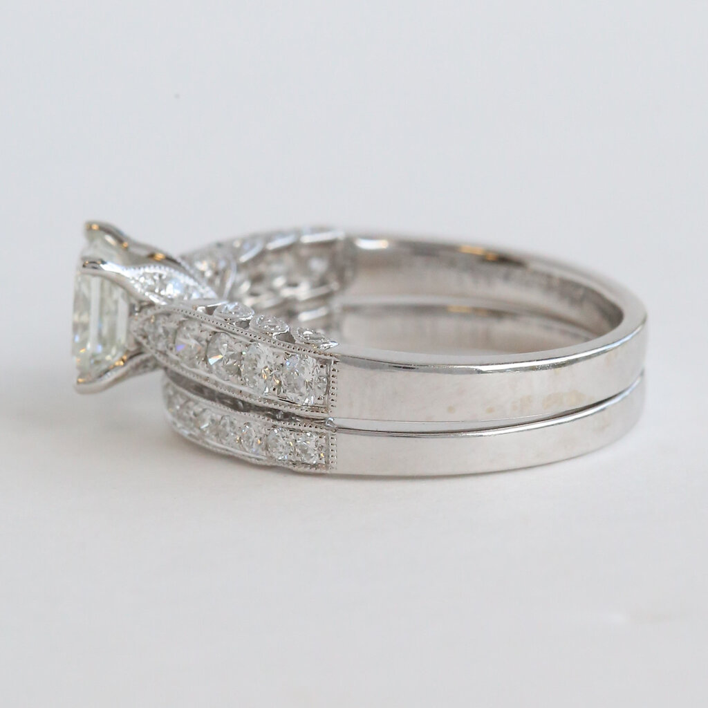 American Jewelry 14k White Gold 1.85ctw (1.02 I/SI1 GIA Ctr) Princess Diamond Milgrain Wedding Set (.53 mtg / .30 band)