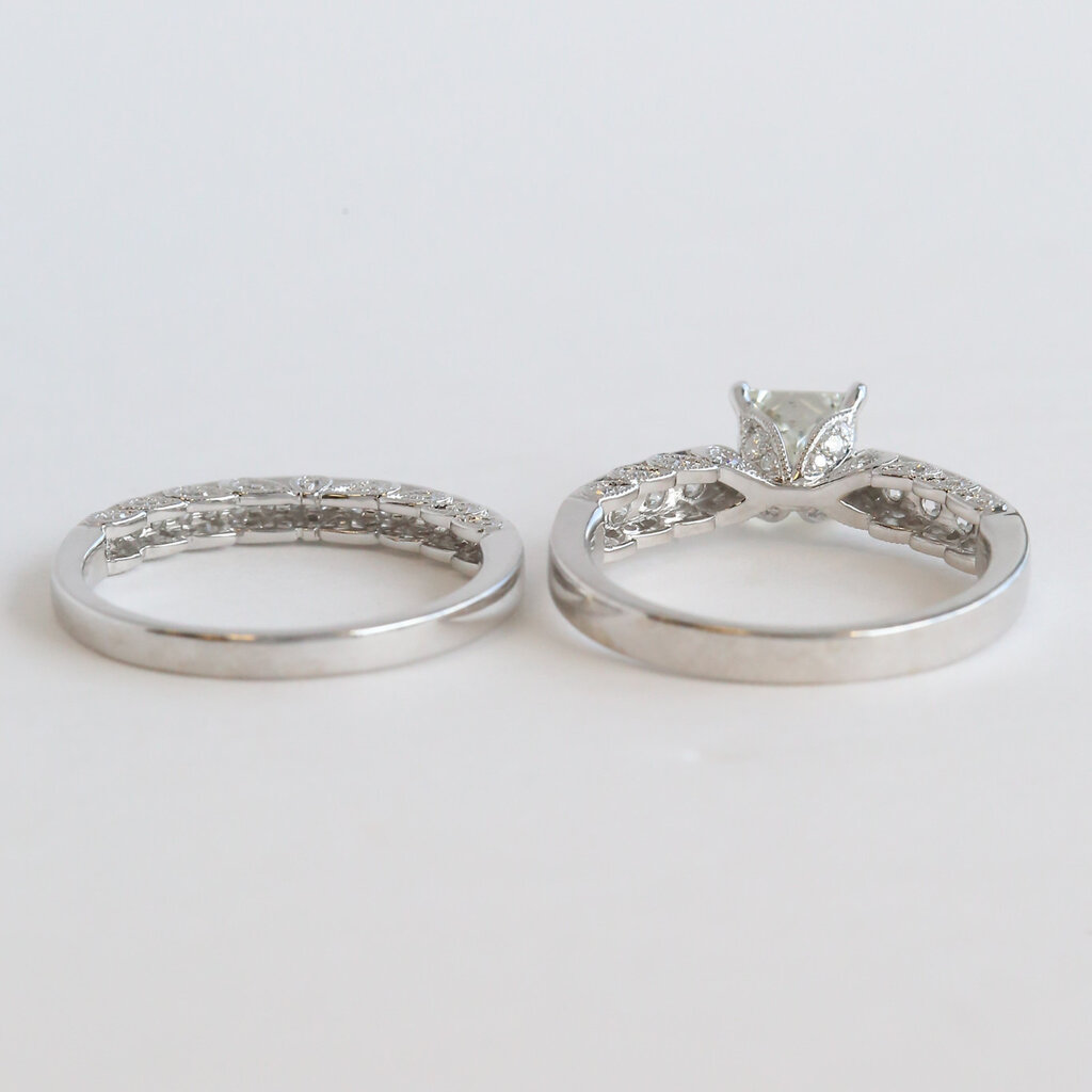 American Jewelry 14k White Gold 1.85ctw (1.02 I/SI1 GIA Ctr) Princess Diamond Milgrain Wedding Set (.53 mtg / .30 band)