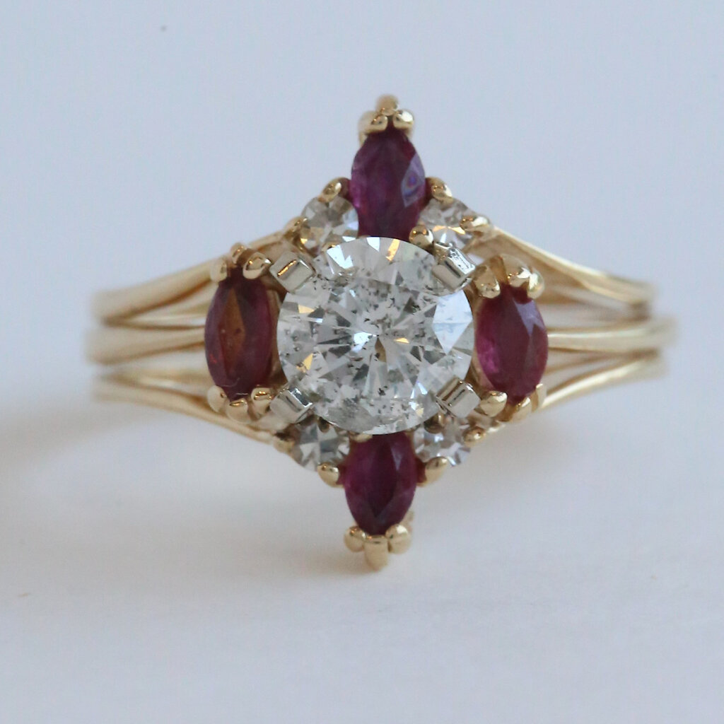 American Jewelry ESTATE 14k Yellow Gold Approx. .80ctw Diamond .30ctw Ruby Accent Engagement Ring