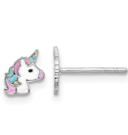 Sterling Silver Rhodium-Plated Enameled Unicorn Children's Post Earrings