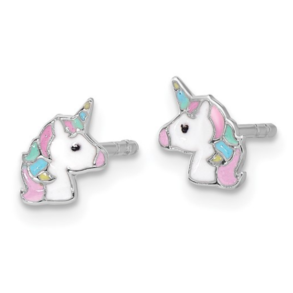 Sterling Silver Rhodium-Plated Enameled Unicorn Children's Post Earrings