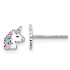 Sterling Silver Rhodium-Plated Enameled Unicorn Children's Post Earrings