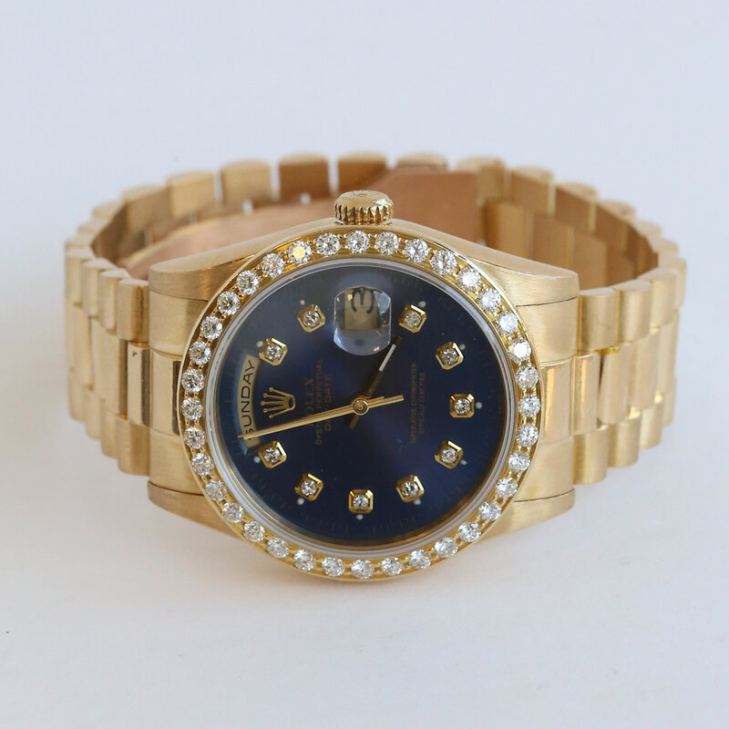 Rolex Pre-Owned Rolex 18k Gold President Watch w/ Blue Dial & Diamond Bezel Year 2000