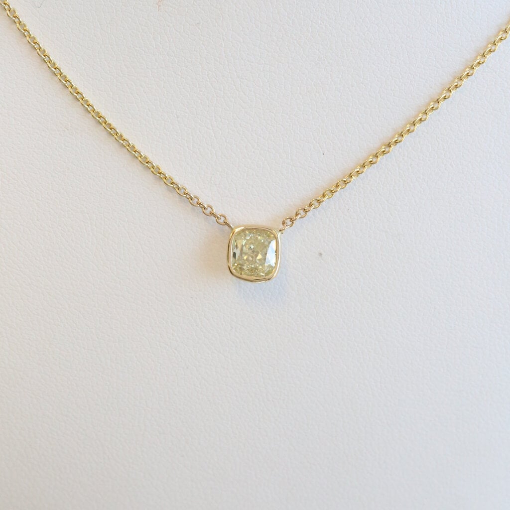 American Jewelry 14k Yellow Gold 1.02ct Fancy Yellow I1 Cushion Diamond Bezel Necklace