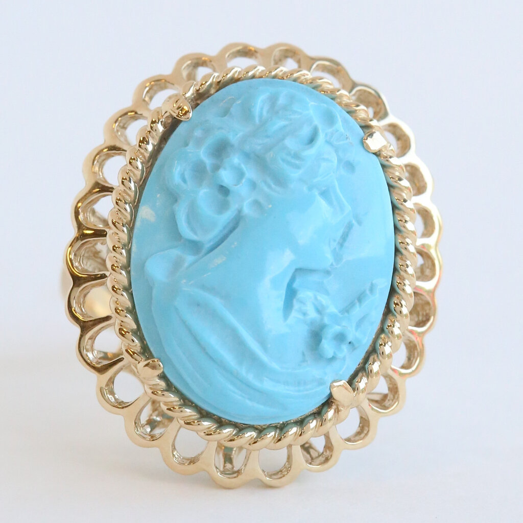 American Jewelry ESTATE 14k Yellow Gold Simulated Turquoise Cameo Ring
