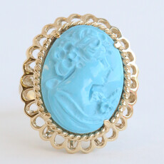 American Jewelry ESTATE 14k Yellow Gold Simulated Turquoise Cameo Ring