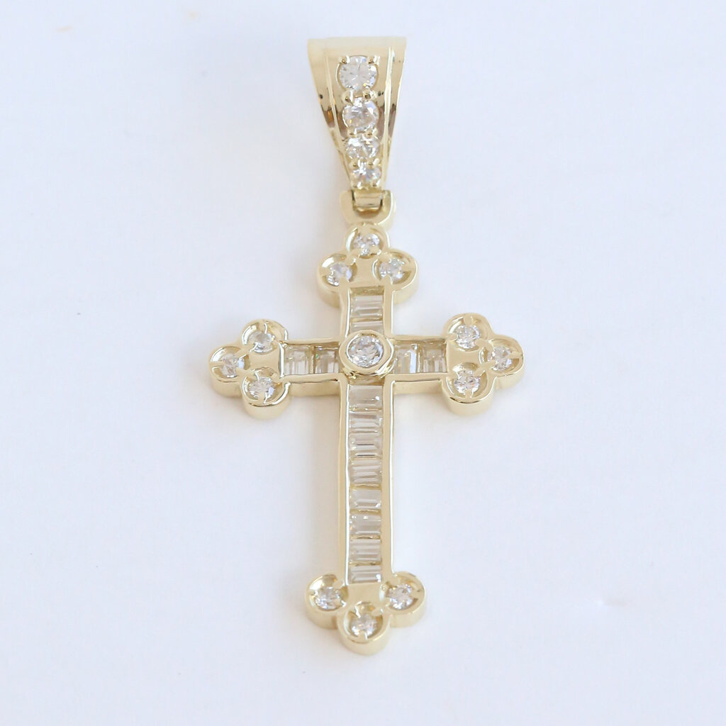 American Jewelry ESTATE 10k Yellow Gold CZ Baguette & Round Intricate Channel Set Cross Pendant