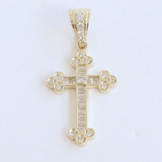 American Jewelry ESTATE 10k Yellow Gold CZ Baguette & Round Intricate Channel Set Cross Pendant