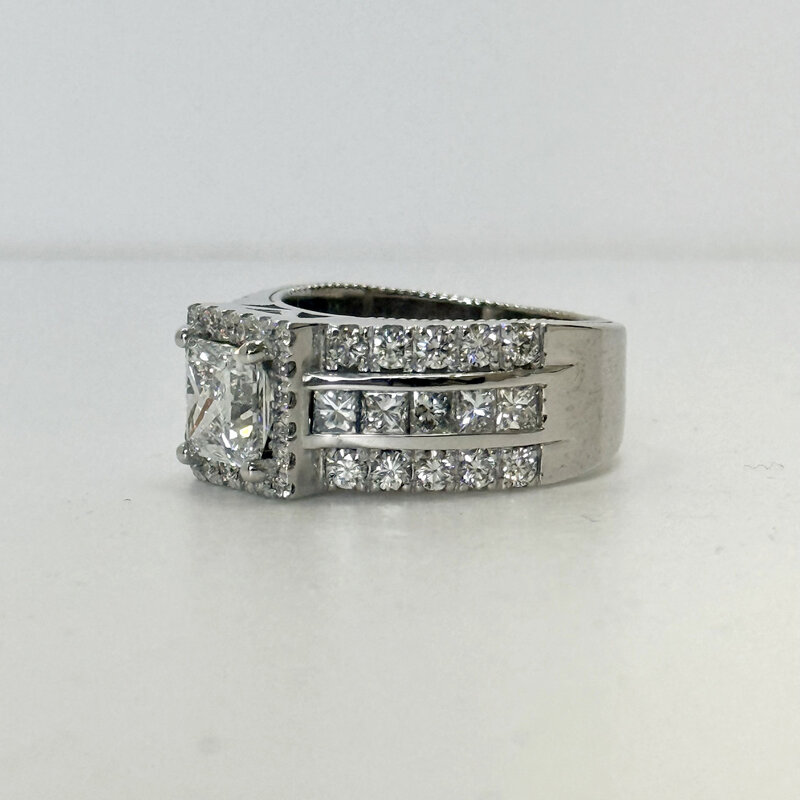 ESTATE14k White Gold 3.43ctw (1.53ct D/VS1 Lab Center) Halo Triple Row Diamond Engagement Ring