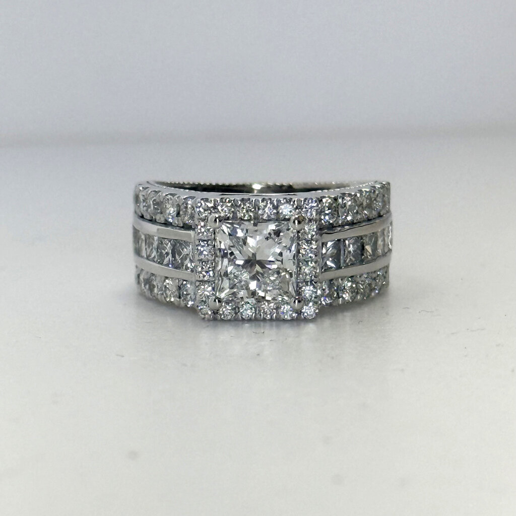 ESTATE14k White Gold 3.43ctw (1.53ct D/VS1 Lab Center) Halo Triple Row Diamond Engagement Ring