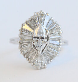 American Jewelry ESTATE 14k White Gold Approx. 2.75ctw (.75 F/VS2 Ctr) Marquise & Baguette Diamond Ballerina Ring