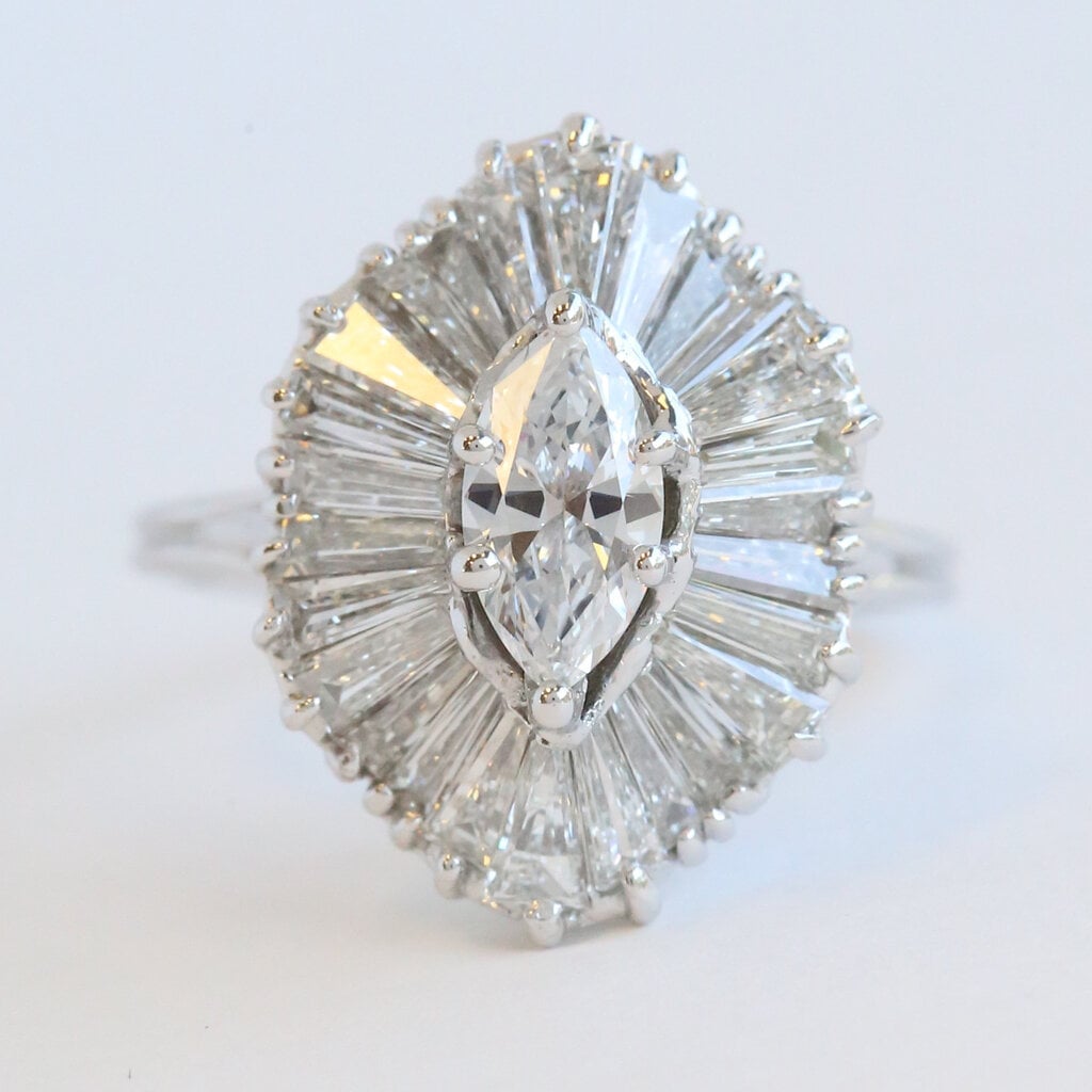 American Jewelry ESTATE 14k White Gold Approx. 2.75ctw (.75 F/VS2 Ctr) Marquise & Baguette Diamond Ballerina Ring