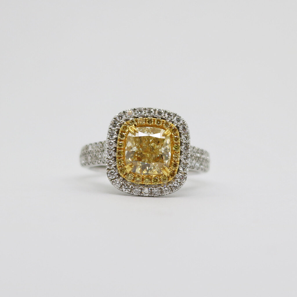 American Jewelry 18k White Gold 1.8ct-Ctr FY/SI1 GIA 2.43ctw Fancy Yellow Cushion Cut Diamond Double Halo Engagement Ring