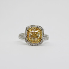 American Jewelry 18k White Gold 1.8ct-Ctr FY/SI1 GIA 2.43ctw Fancy Yellow Cushion Cut Diamond Double Halo Engagement Ring