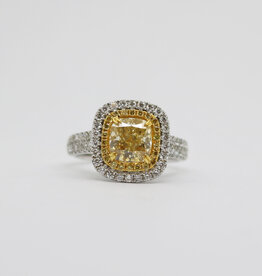 American Jewelry 18k White Gold 1.8ct-Ctr FY/SI1 GIA 2.43ctw Fancy Yellow Cushion Cut Diamond Double Halo Engagement Ring