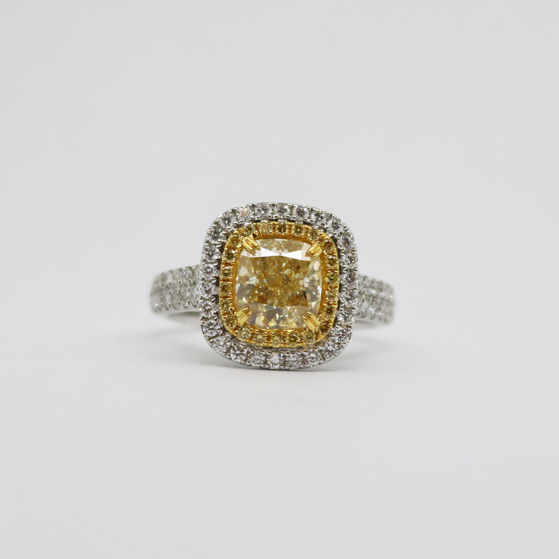American Jewelry 18k White Gold 1.8ct-Ctr FY/SI1 GIA 2.43ctw Fancy Yellow Cushion Cut Diamond Double Halo Engagement Ring