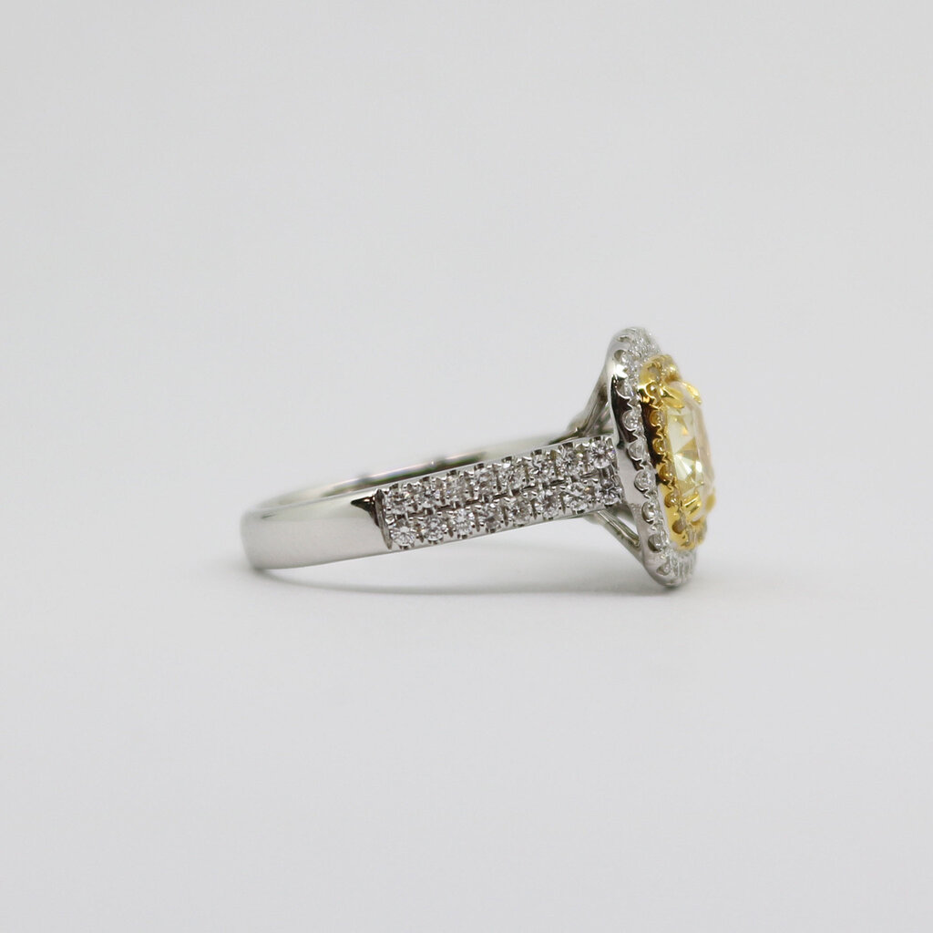 American Jewelry 18k White Gold 1.8ct-Ctr FY/SI1 GIA 2.43ctw Fancy Yellow Cushion Cut Diamond Double Halo Engagement Ring