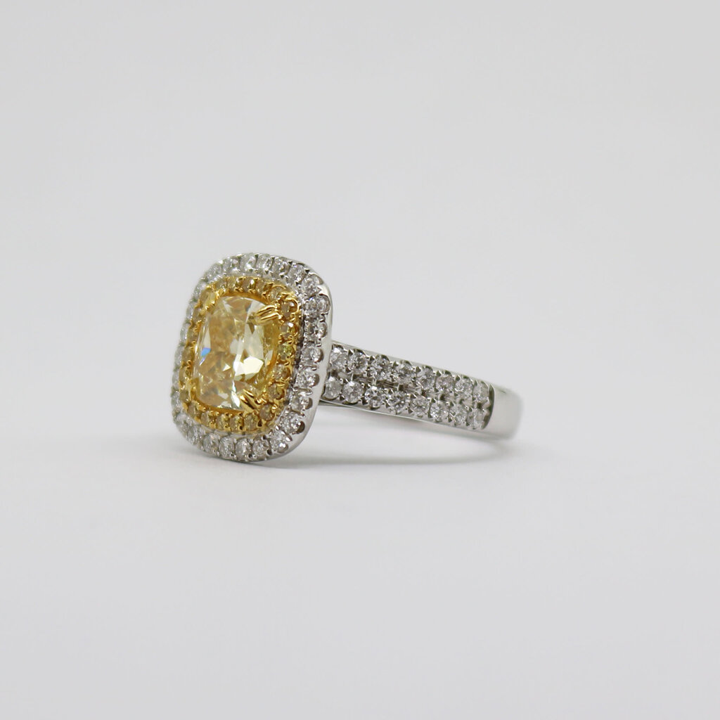 American Jewelry 18k White Gold 1.8ct-Ctr FY/SI1 GIA 2.43ctw Fancy Yellow Cushion Cut Diamond Double Halo Engagement Ring
