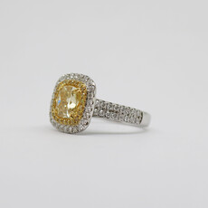 American Jewelry 18k White Gold 1.8ct-Ctr FY/SI1 GIA 2.43ctw Fancy Yellow Cushion Cut Diamond Double Halo Engagement Ring