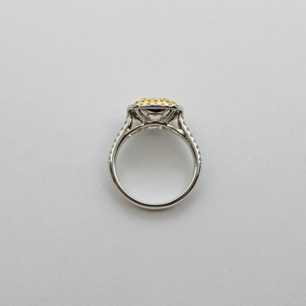 American Jewelry 18k White Gold 1.8ct-Ctr FY/SI1 GIA 2.43ctw Fancy Yellow Cushion Cut Diamond Double Halo Engagement Ring