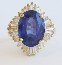 American Jewelry ESTATE 14k Yellow Gold 5ctw Oval Sapphire 2ctw Diamond Baguette Halo Ring