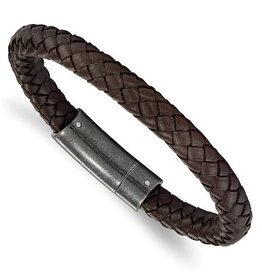 Chisel Stainless Steel Brown Leather Braided Mens Bracelet (8.25")