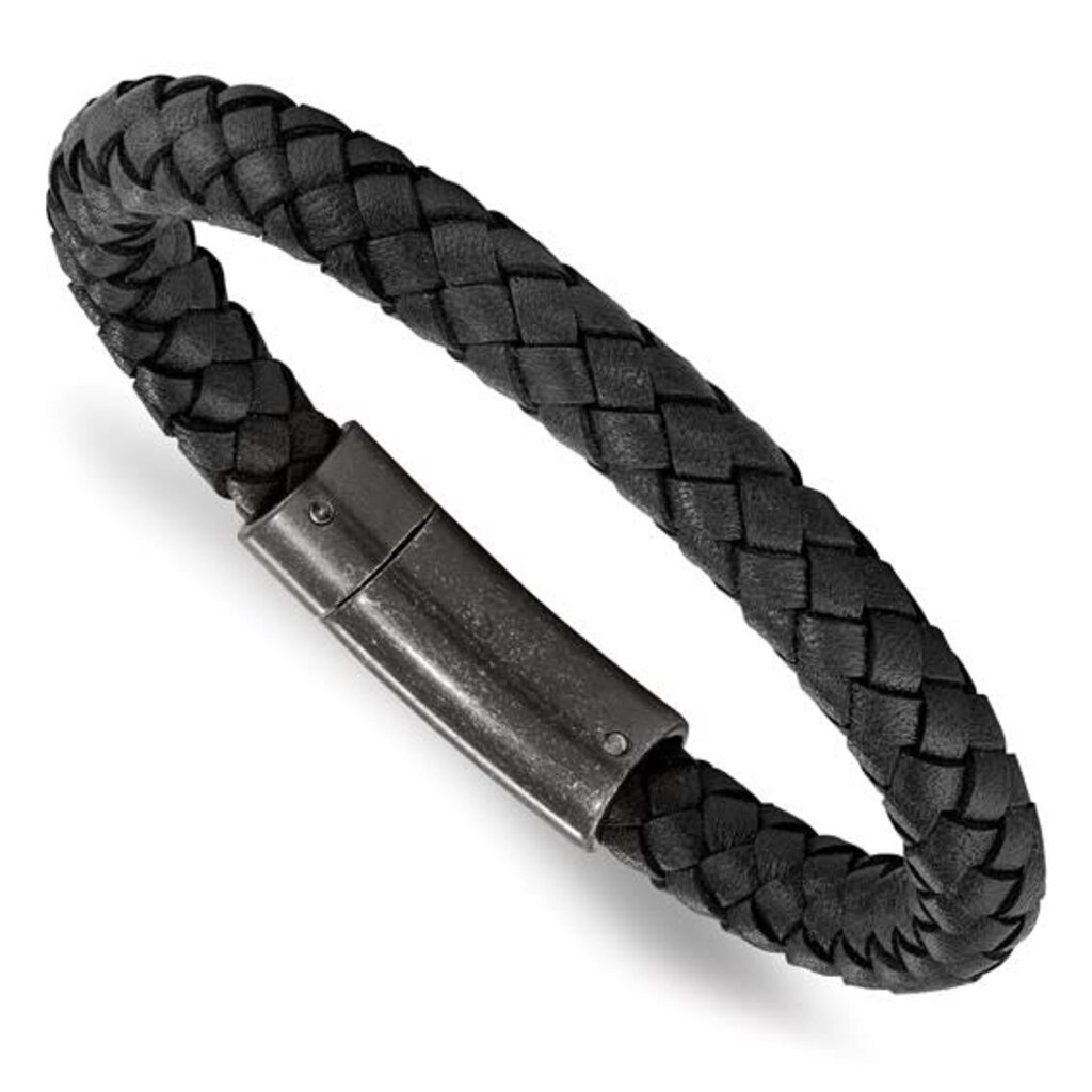 Chisel Stainless Steel Brushed Black Braided Leather Mens Bracelet (8.25")