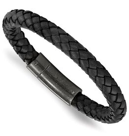 Chisel Stainless Steel Brushed Black Braided Leather Mens Bracelet (8.25")