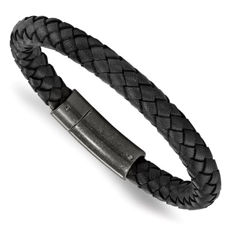 Chisel Stainless Steel Brushed Black Braided Leather Mens Bracelet (8.25")