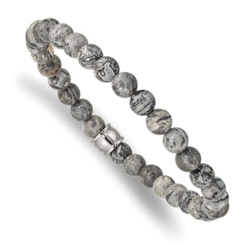 Chisel Stainless Steel Polished Grey Jasper Beaded Stretch Bracelet (7.75")