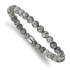 Chisel Stainless Steel Polished Grey Jasper Beaded Stretch Bracelet (7.75")