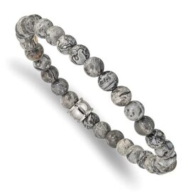 Chisel Stainless Steel Polished Grey Jasper Beaded Stretch Bracelet (7.75")