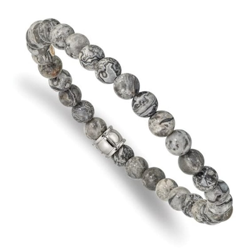 Chisel Stainless Steel Polished Grey Jasper Beaded Stretch Bracelet (7.75")