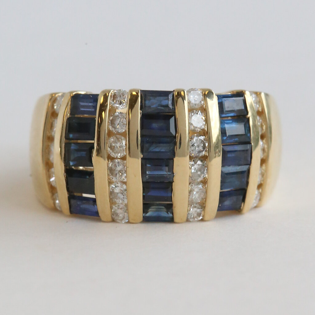 American Jewelry ESTATE 14k Yellow Gold 1.5ctw Sapphire .50ctw Diamond Baguette & Round Wide Band Ring