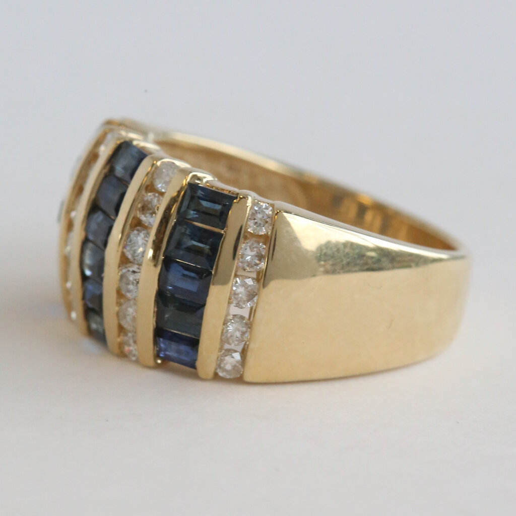 American Jewelry ESTATE 14k Yellow Gold 1.5ctw Sapphire .50ctw Diamond Baguette & Round Wide Band Ring