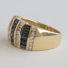 American Jewelry ESTATE 14k Yellow Gold 1.5ctw Sapphire .50ctw Diamond Baguette & Round Wide Band Ring