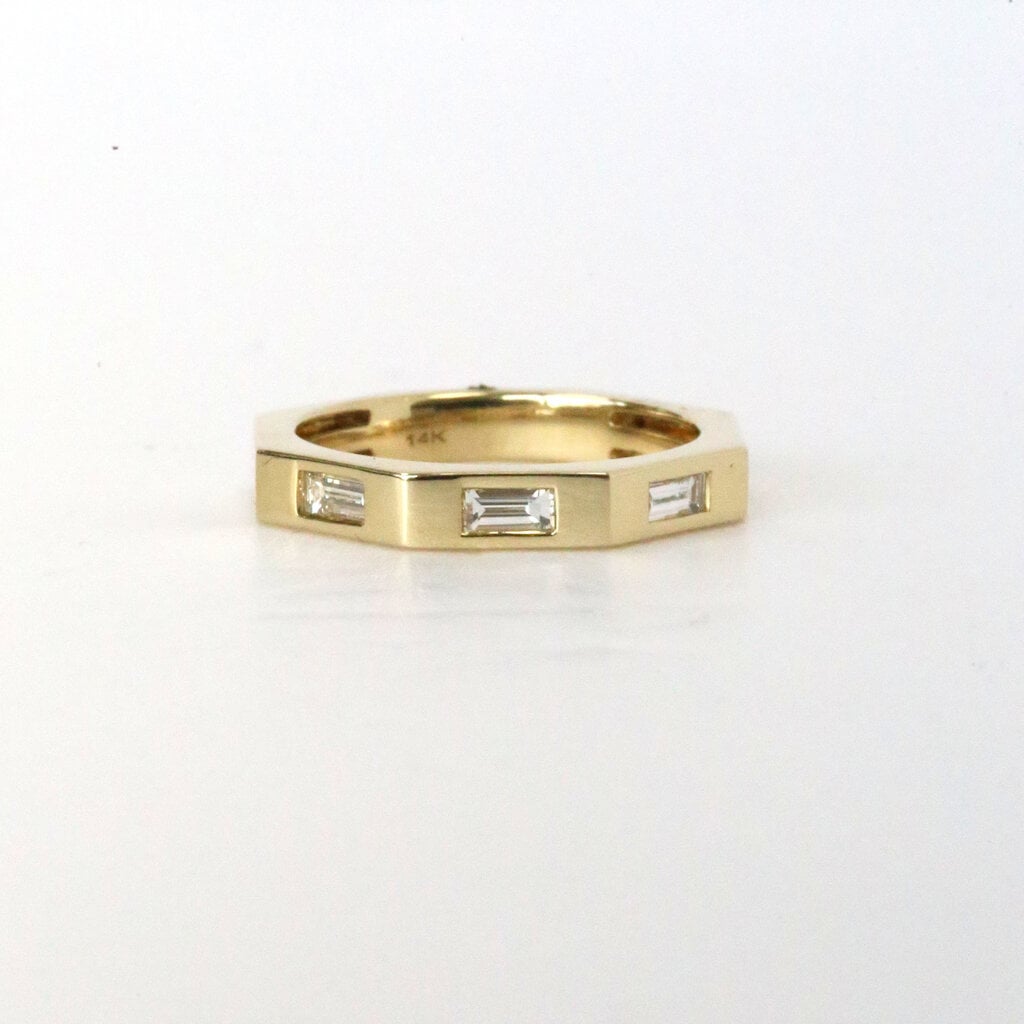 14k Yellow Gold .42ctw East to West 3-Stone Baguette Diamond Hexagon Stackable Ring (Size 7)
